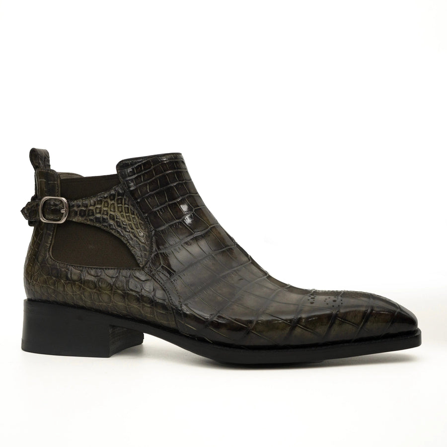 Olive Croc-Embossed Cutout Ankle Boots DIVINCH