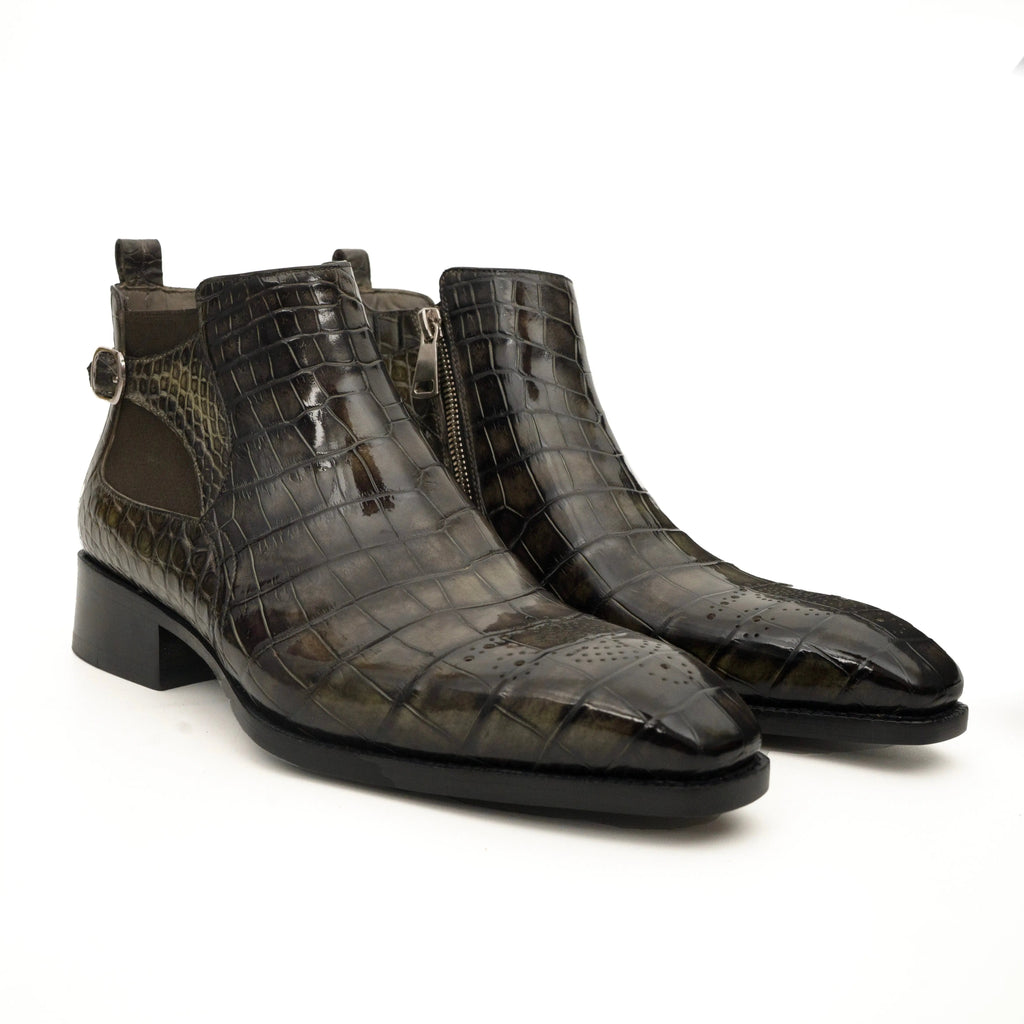 Olive Croc-Embossed Cutout Ankle Boots DIVINCH