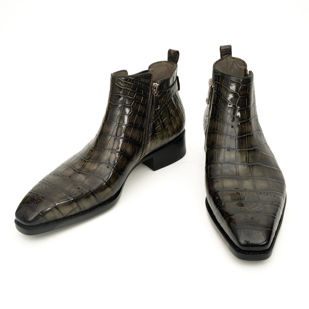 Olive Croc-Embossed Cutout Ankle Boots DIVINCH