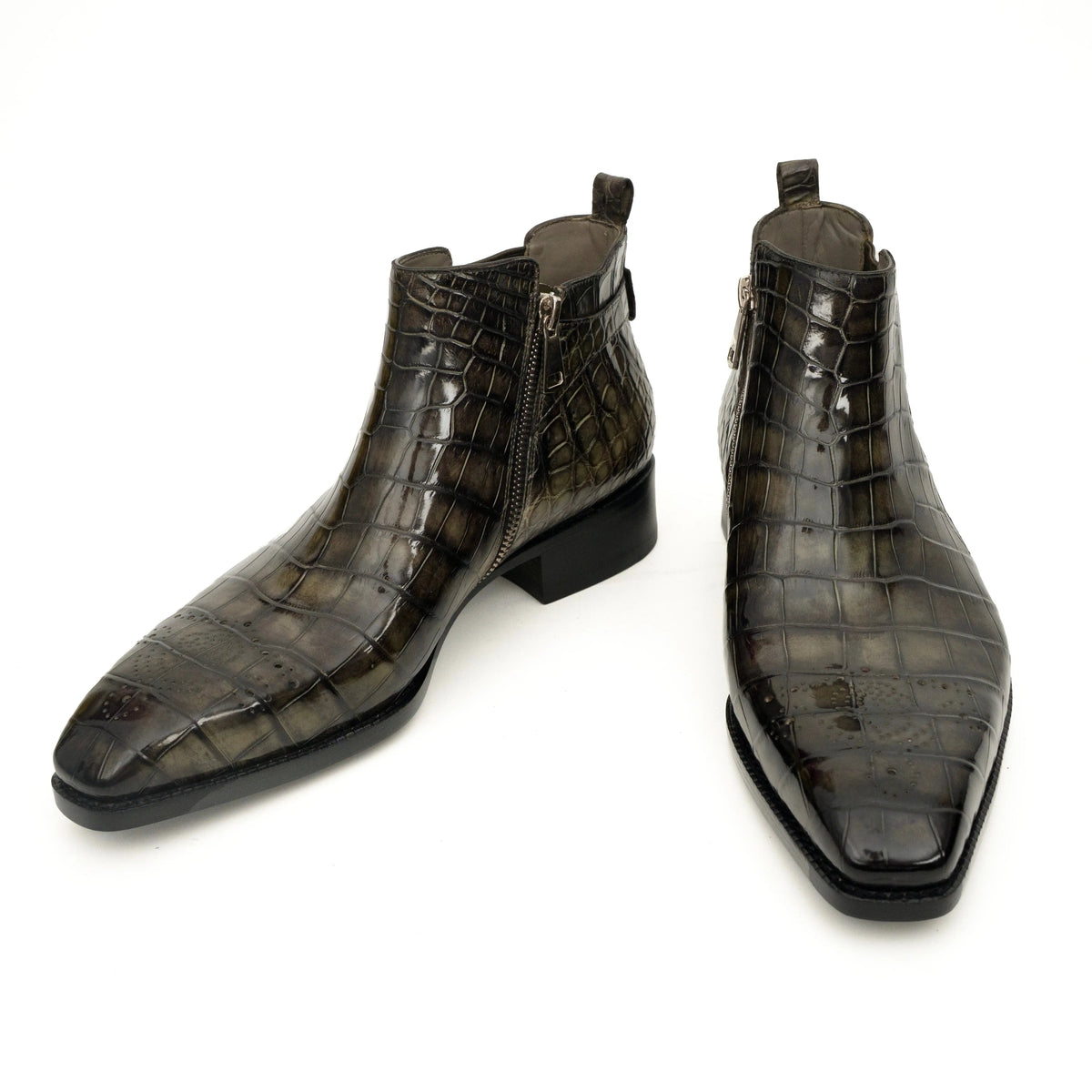 Olive Croc-Embossed Cutout Ankle Boots DIVINCH