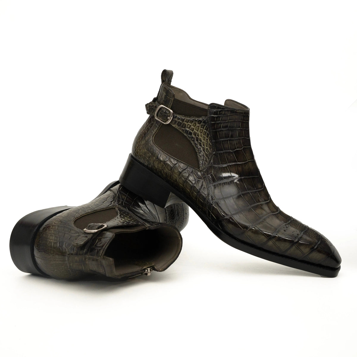 Olive Croc-Embossed Cutout Ankle Boots DIVINCH
