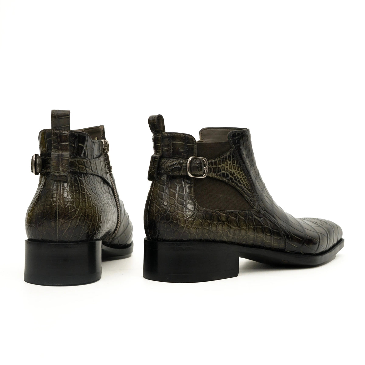 Olive Croc-Embossed Cutout Ankle Boots DIVINCH