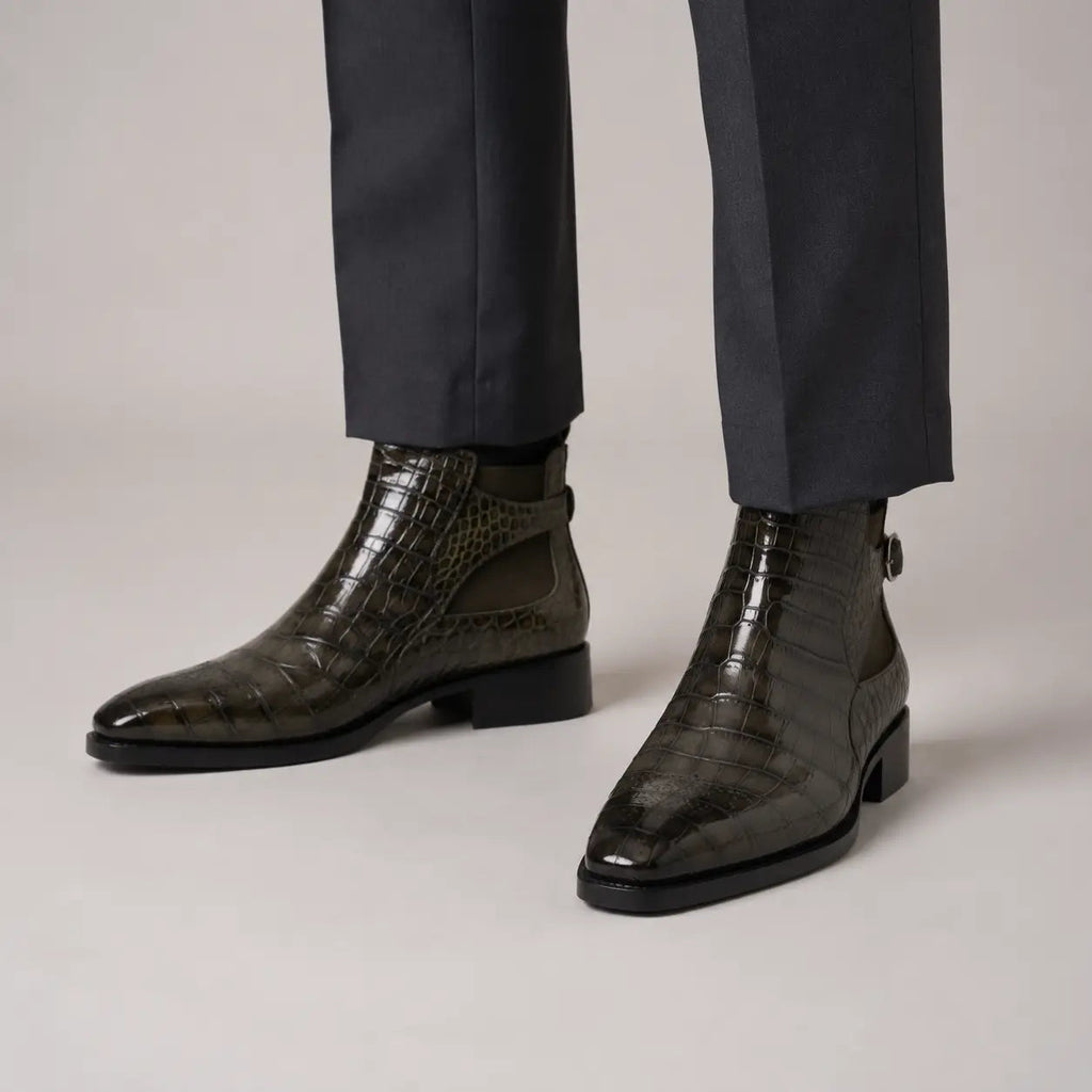 Olive Croc-Embossed Cutout Ankle Boots on-foot product photo