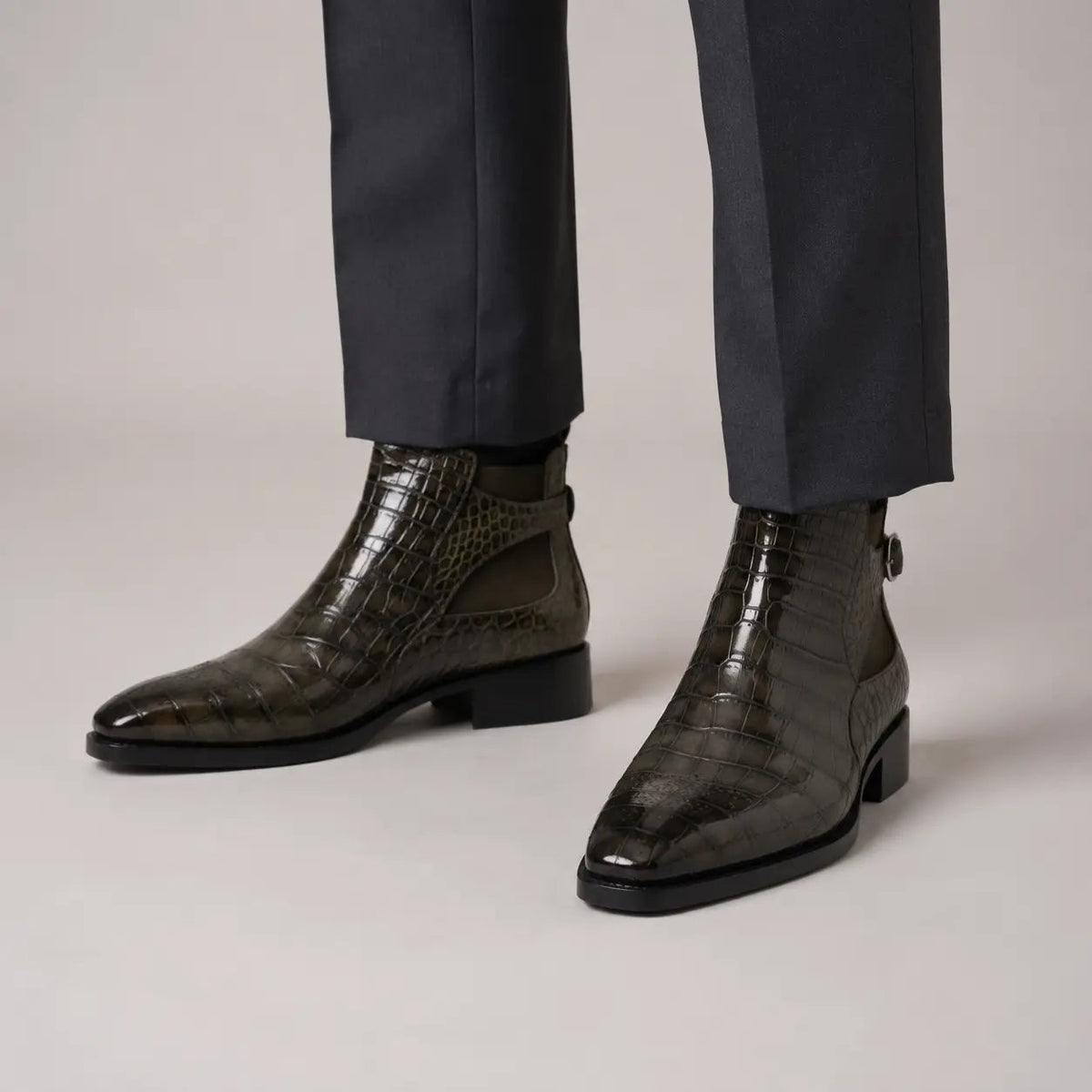 Olive Croc-Embossed Cutout Ankle Boots on-foot product photo