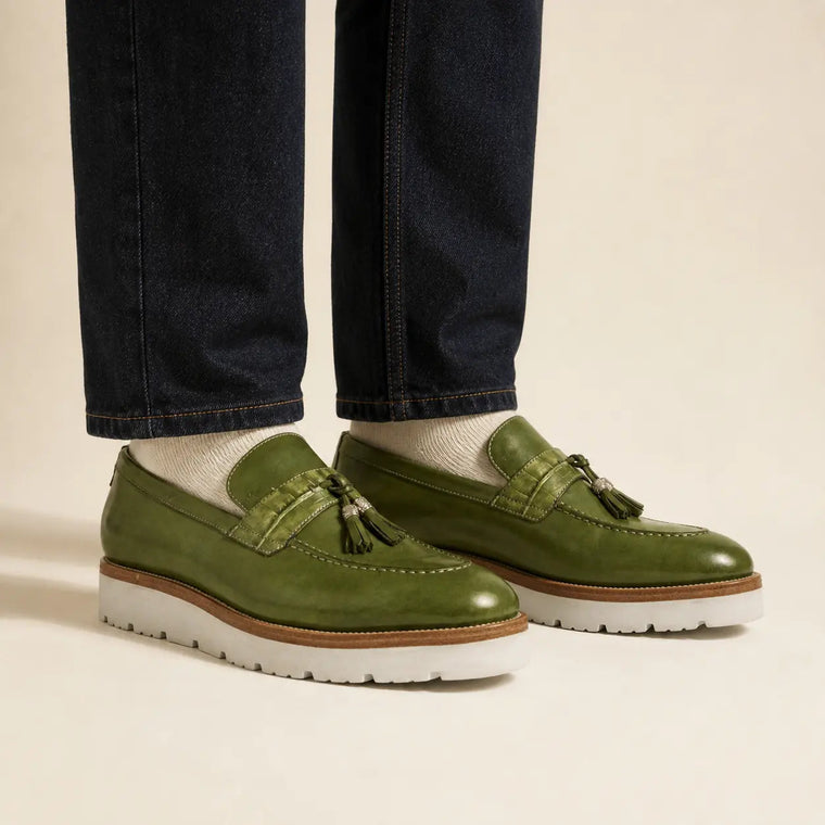Olive Green Textured Lug Sole Tassel Loafer