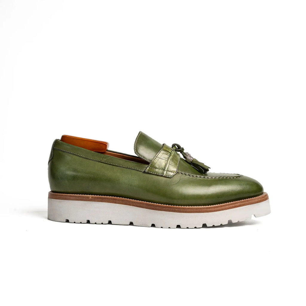 Olive Green Crocodile Tassel XL Loafers Divinch
