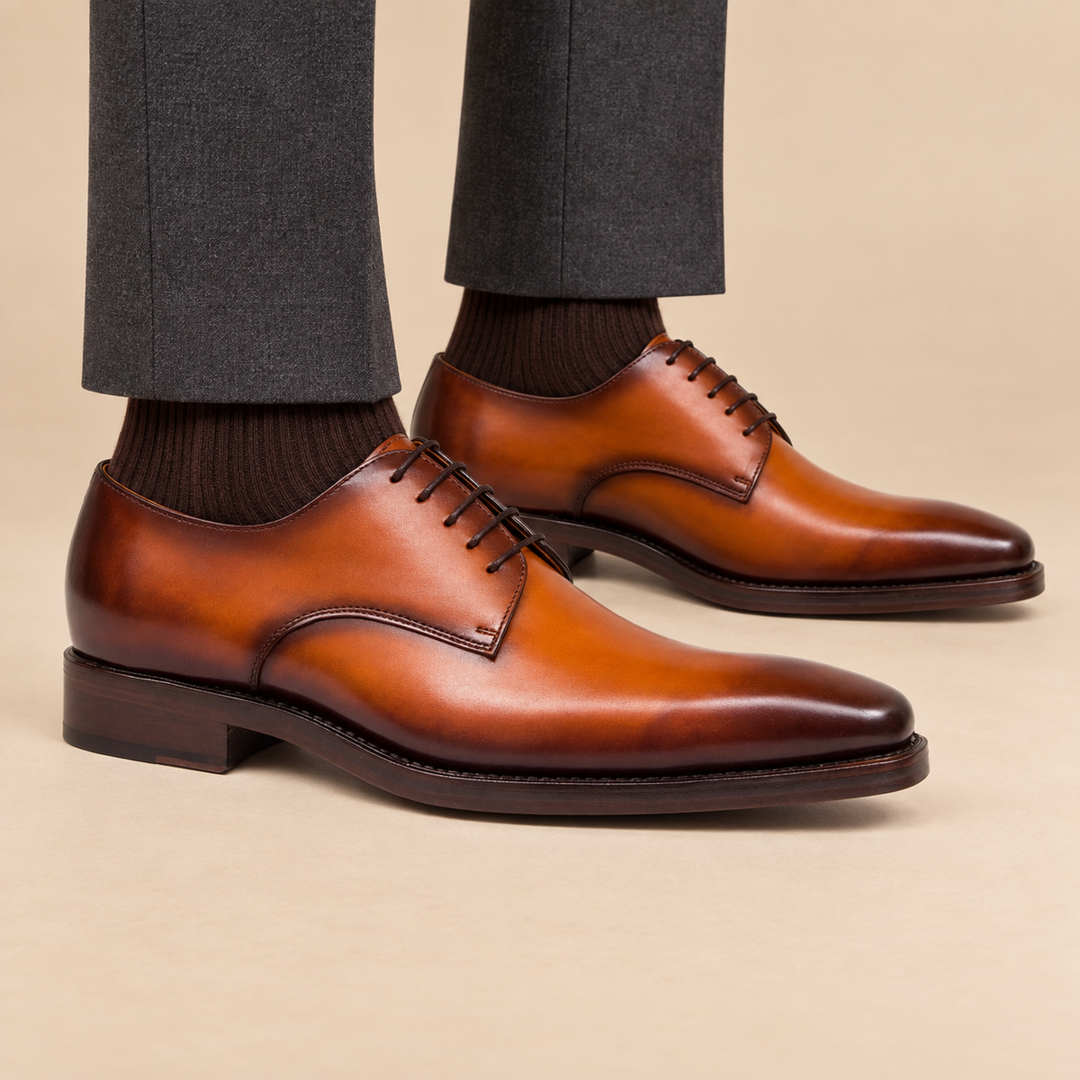 Orange-Brown Square-Toe Derby Shoes with Polished Finish
