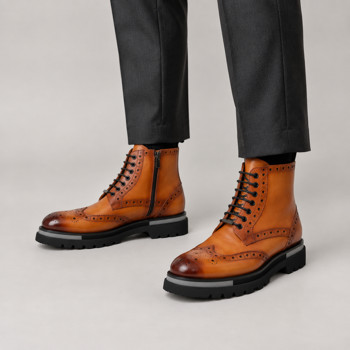 Orange Shaded Brown Glossy Lug-Sole Wingtip Ankle Boot DIVINCH