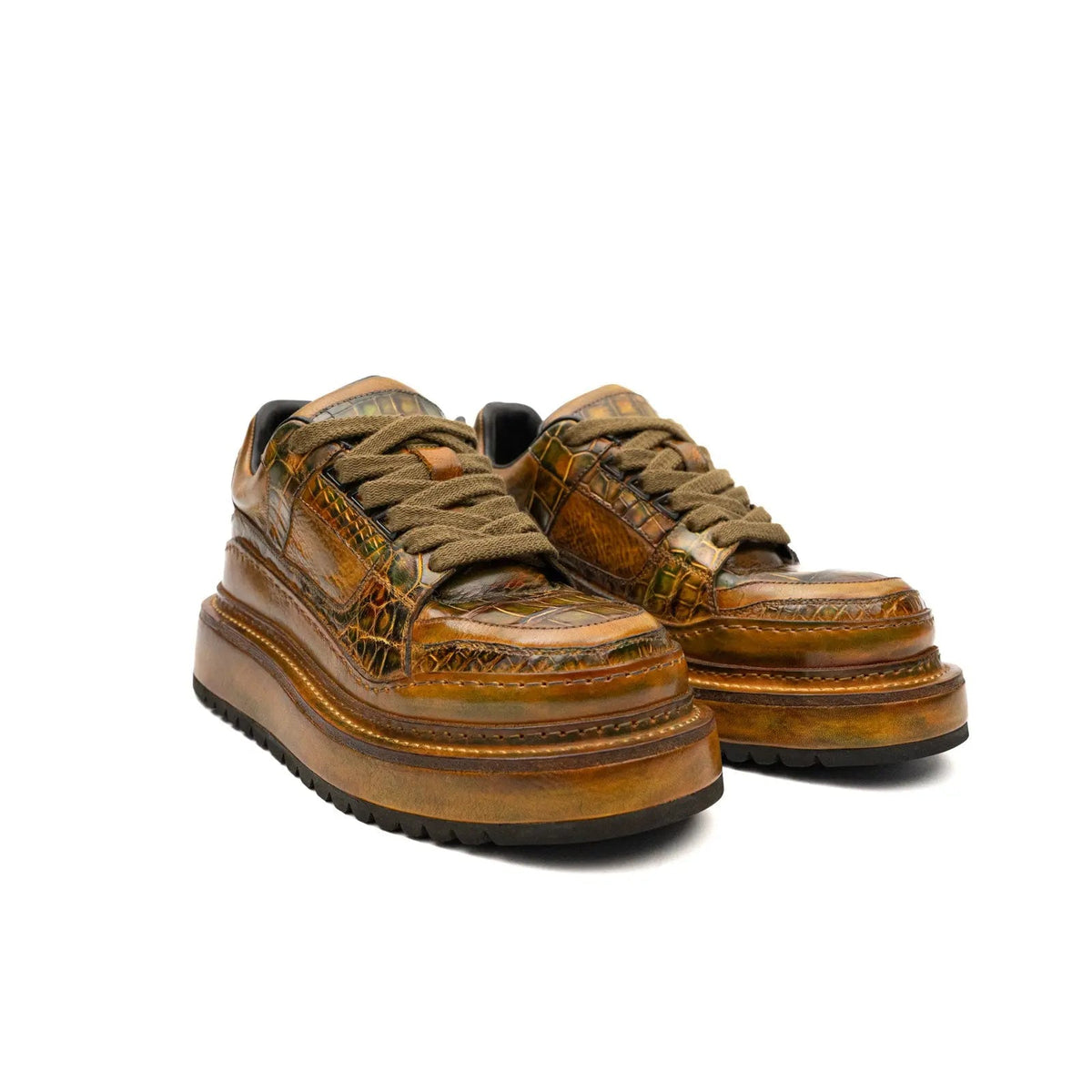 Ostrich Leg Leather Platform Sneakers Amber Gold Divinch