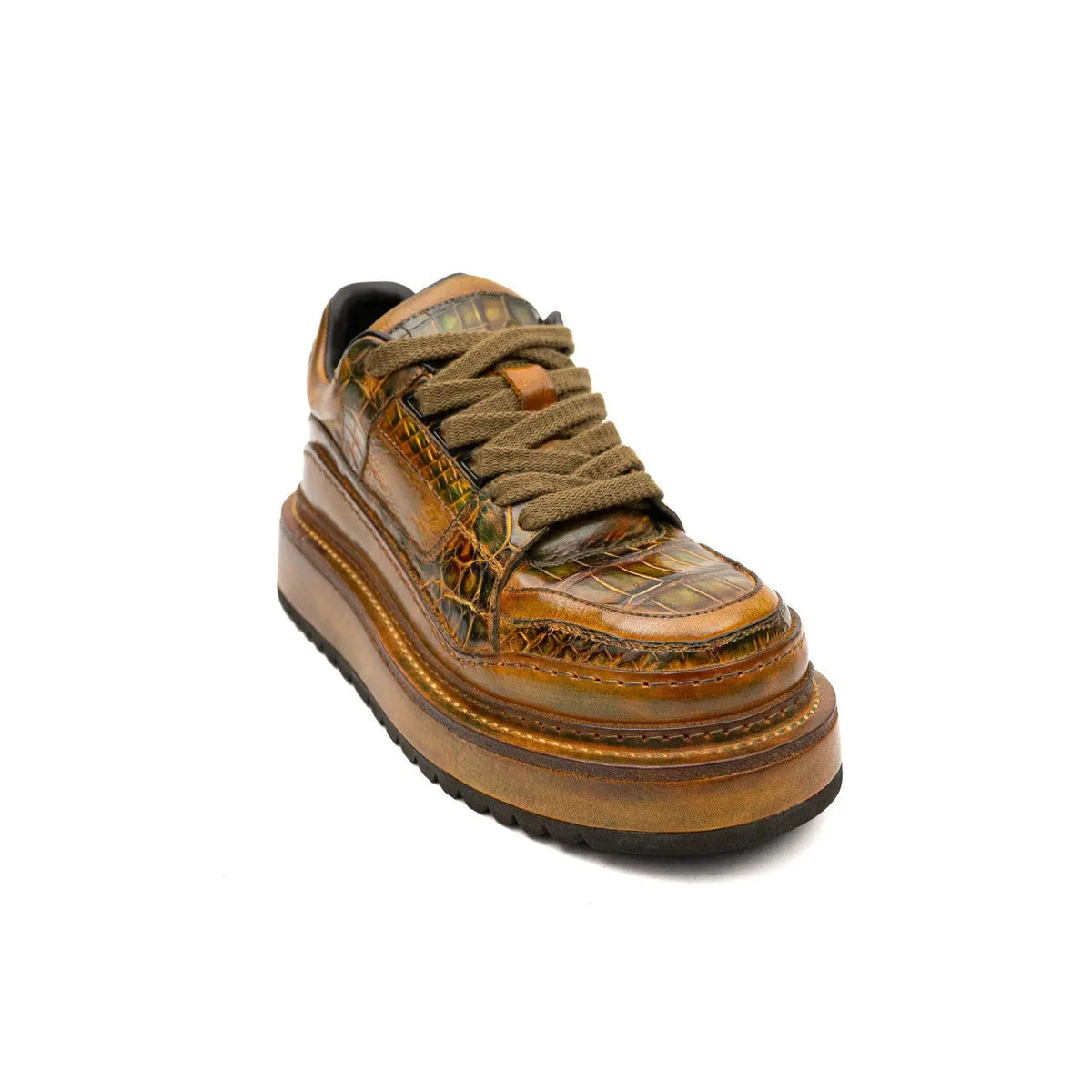 Ostrich Leg Leather Platform Sneakers Amber Gold Divinch