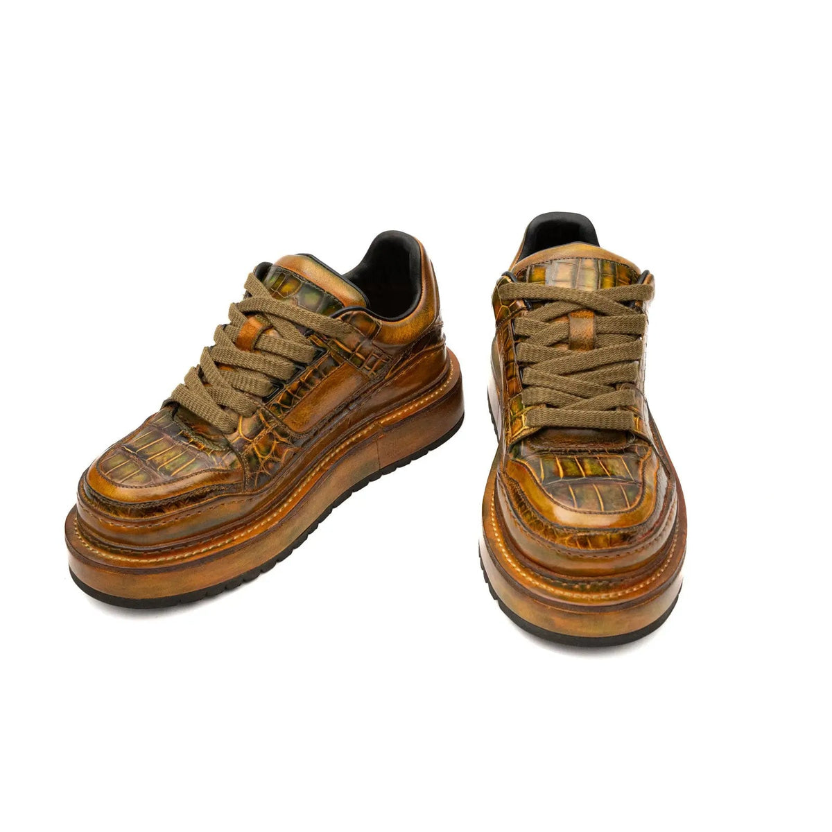 Ostrich Leg Leather Platform Sneakers Amber Gold Divinch
