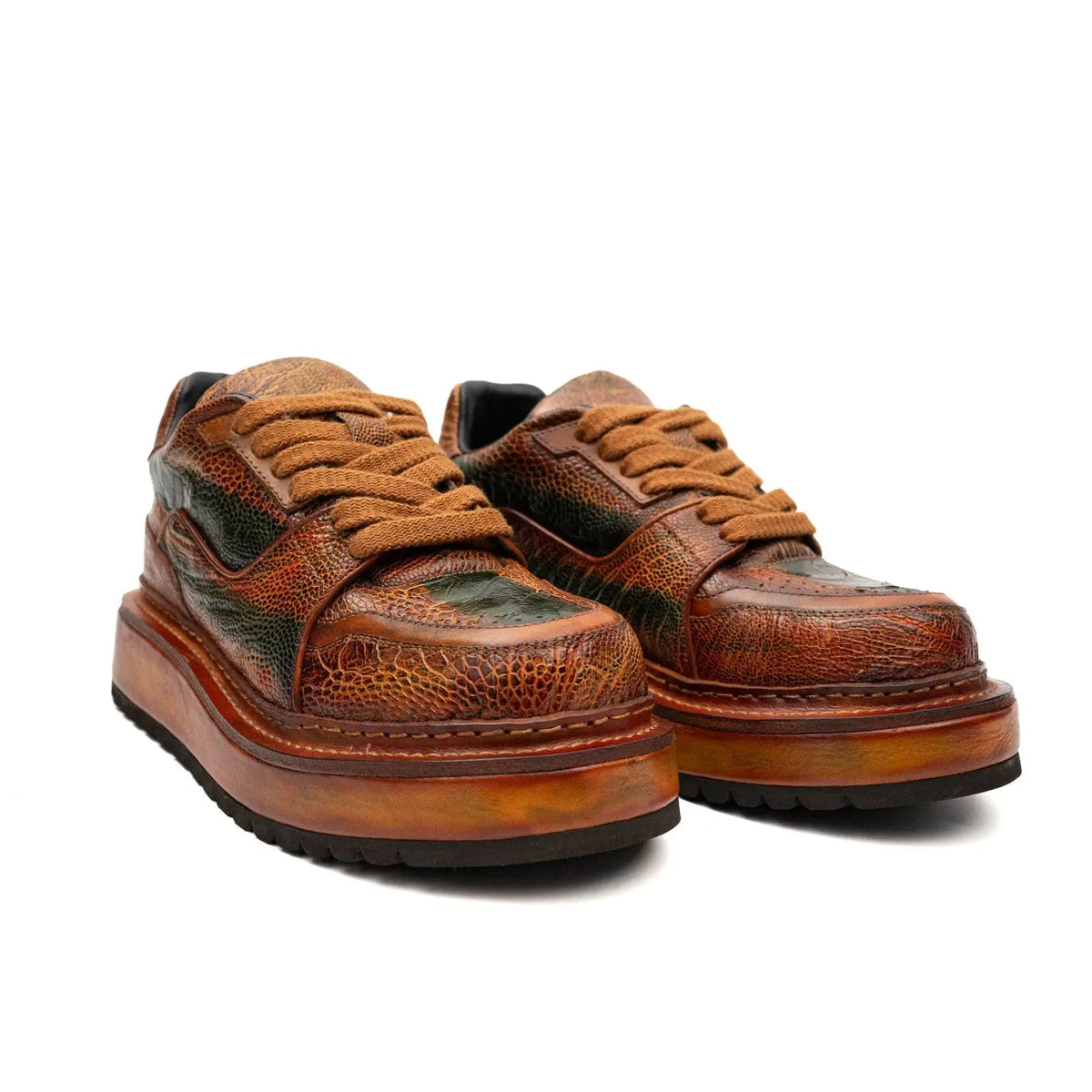 Orange-Brown and Green Mixed-Texture Platform Sneaker