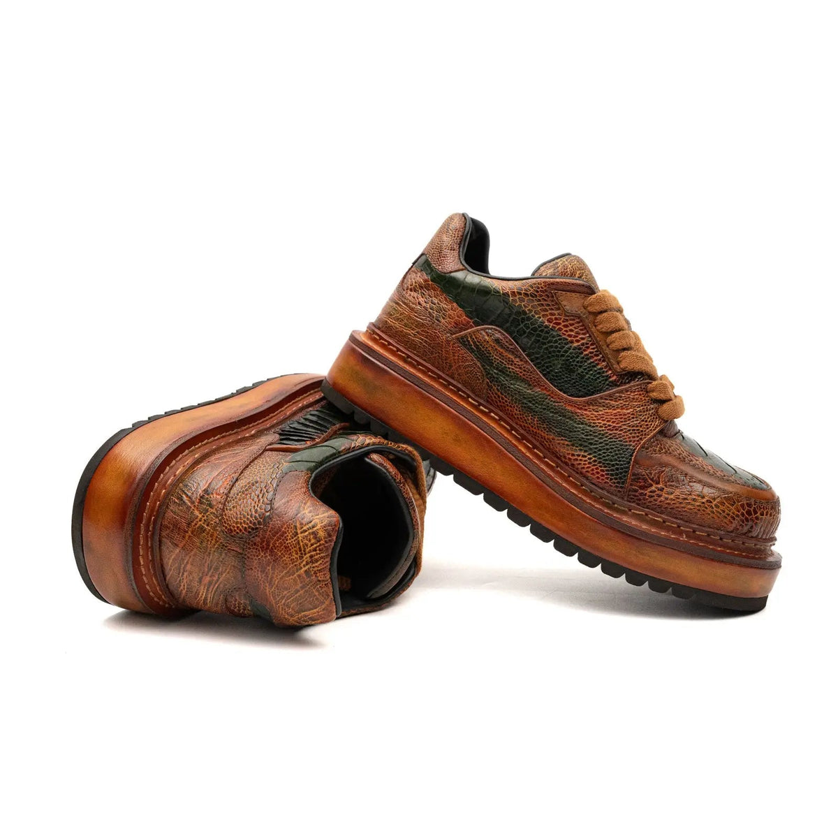 Orange-Brown and Green Mixed-Texture Platform Sneaker