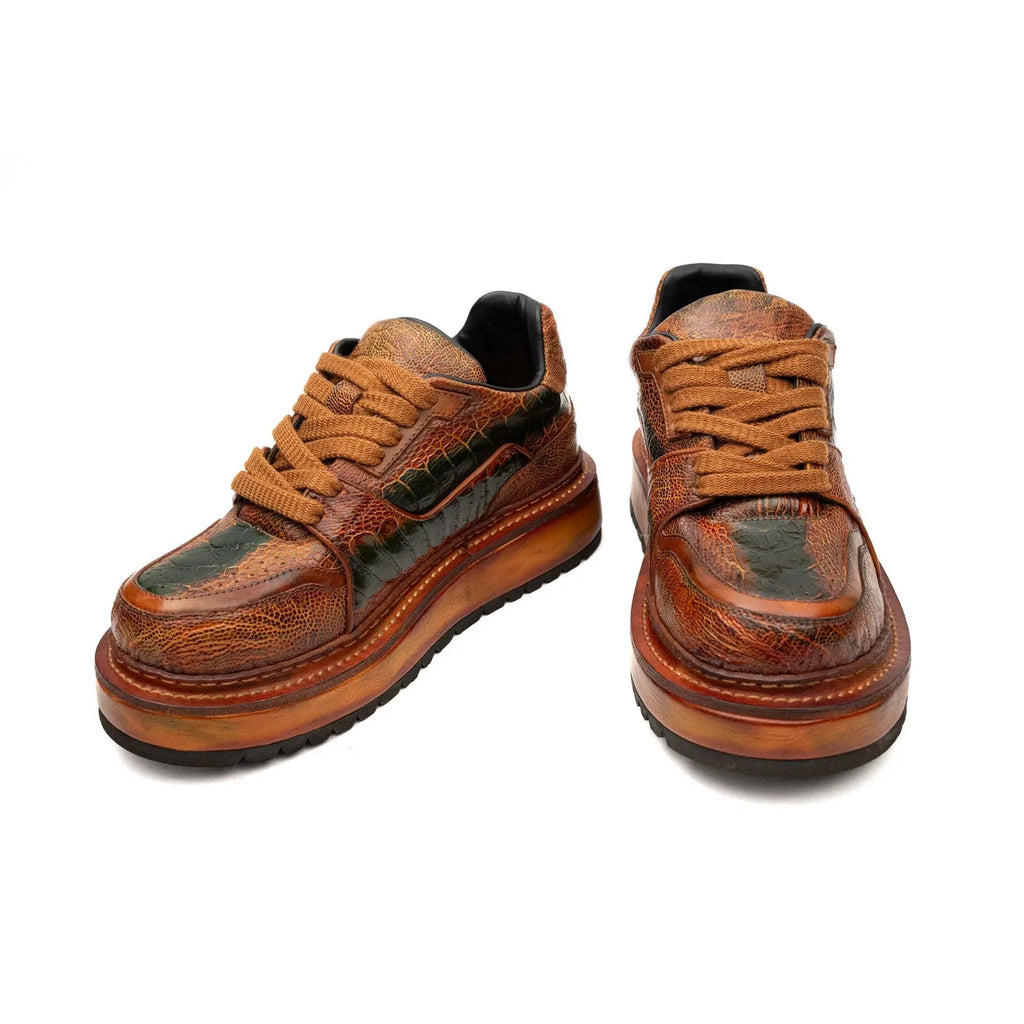 Orange-Brown and Green Mixed-Texture Platform Sneaker