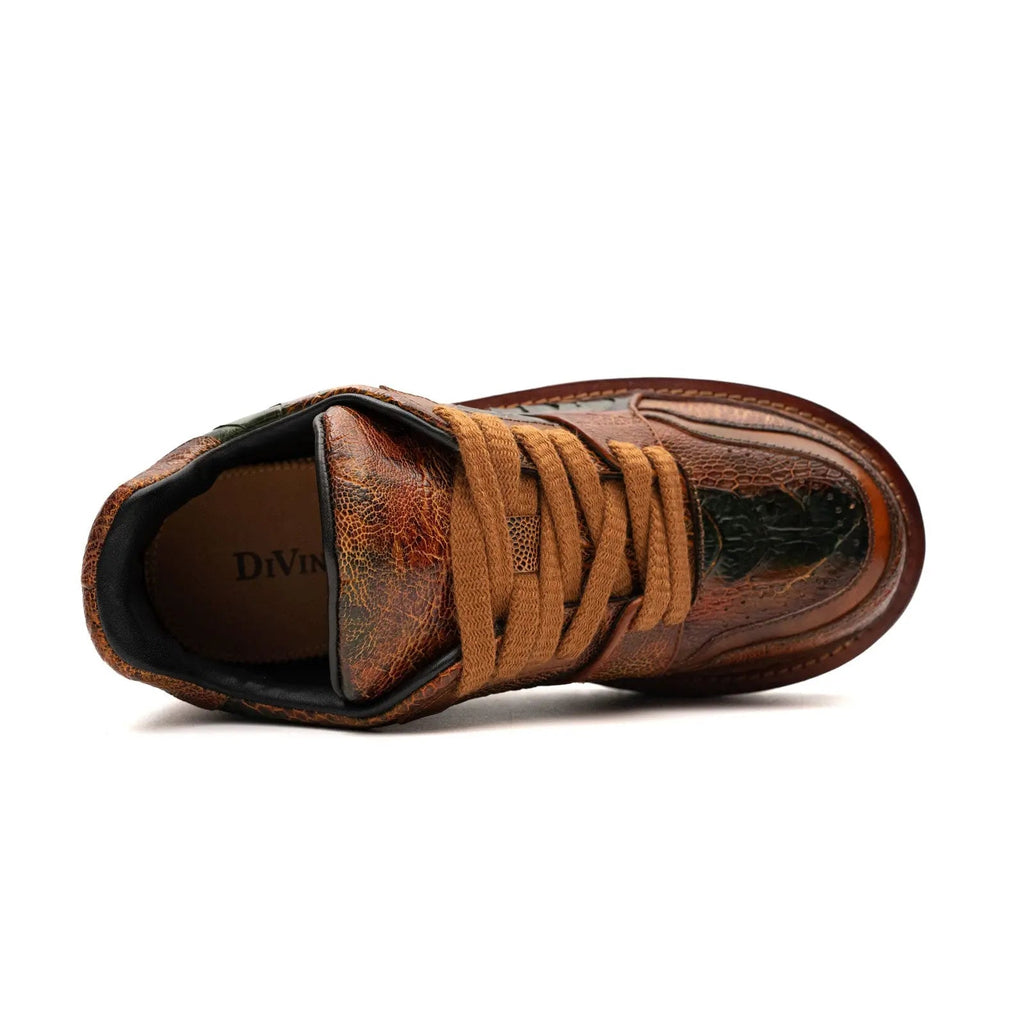 Orange-Brown and Green Mixed-Texture Platform Sneaker