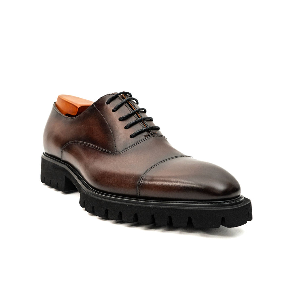 Shaded Brown Glossy Lug-Sole Cap-Toe Oxford Shoe DIVINCH