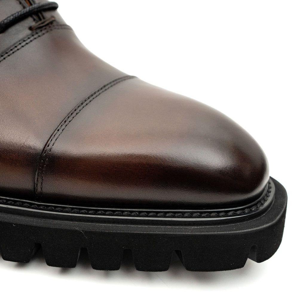 Shaded Brown Glossy Lug-Sole Cap-Toe Oxford Shoe DIVINCH