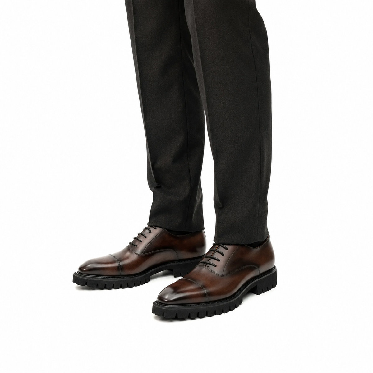 Shaded Brown Glossy Lug-Sole Cap-Toe Oxford Shoe DIVINCH
