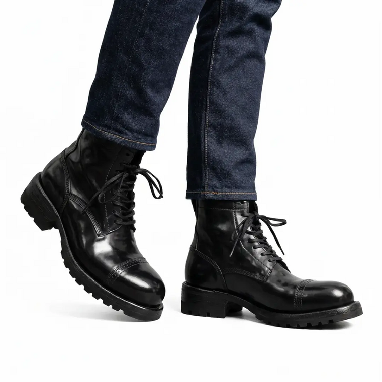 Black Glossy Lug-Sole Cap-Toe Ankle Boot