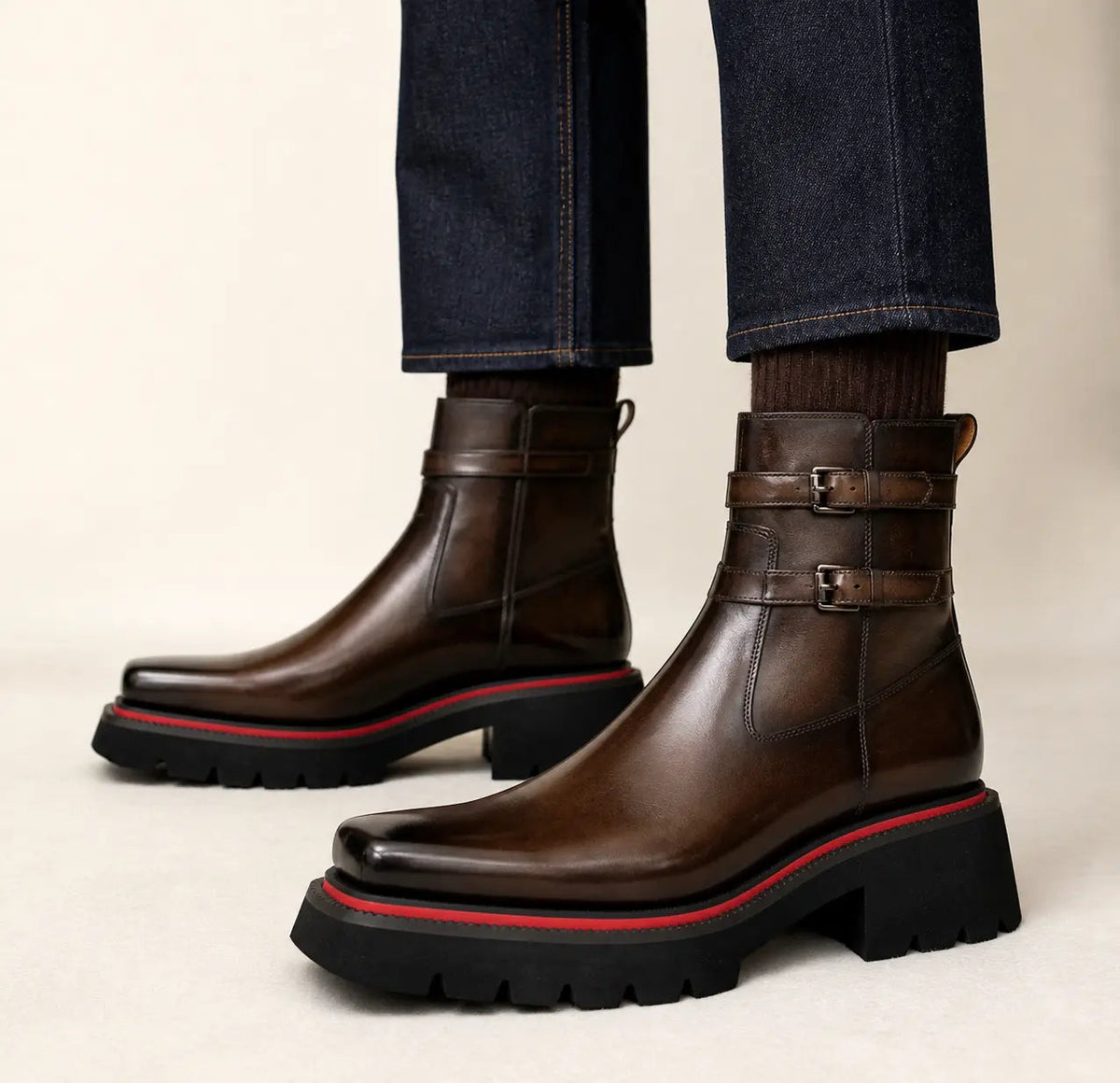 DIVINCH coffee brown double strap lug sole Chelsea boot worn on foot