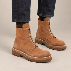 DIVINCH 5101A camel tan suede front-zip lug-sole ankle boots on foot