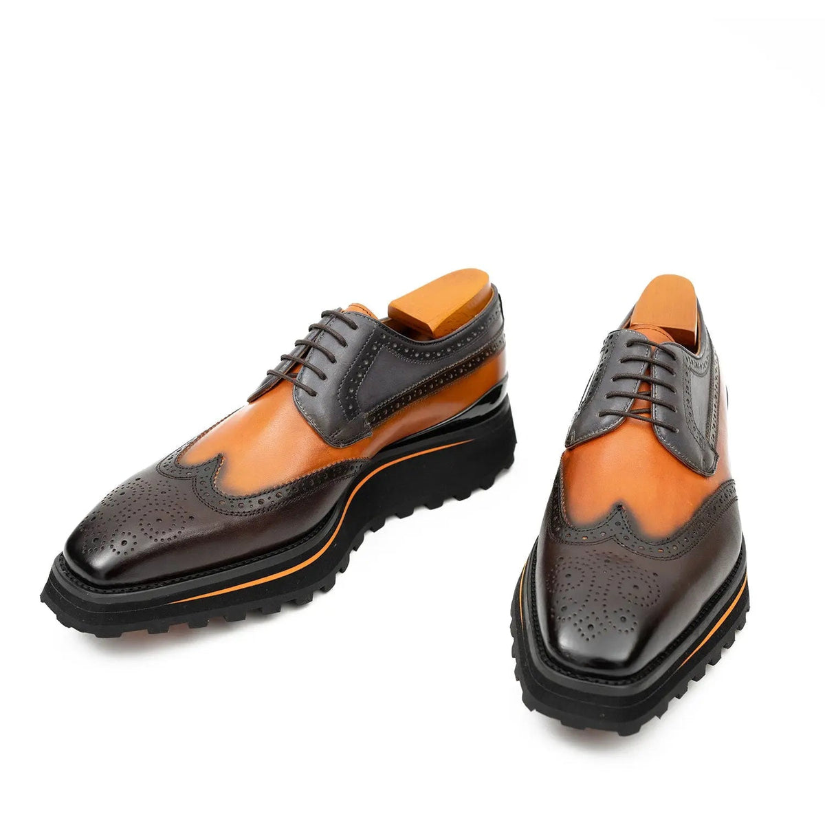 Thick-soled calfskin formal brogue derby shoes Blue Divinch