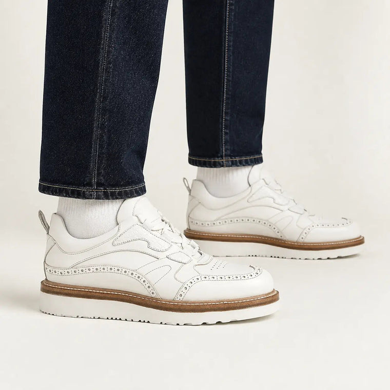White Textured Brogue Sneaker with Rounded Toe
