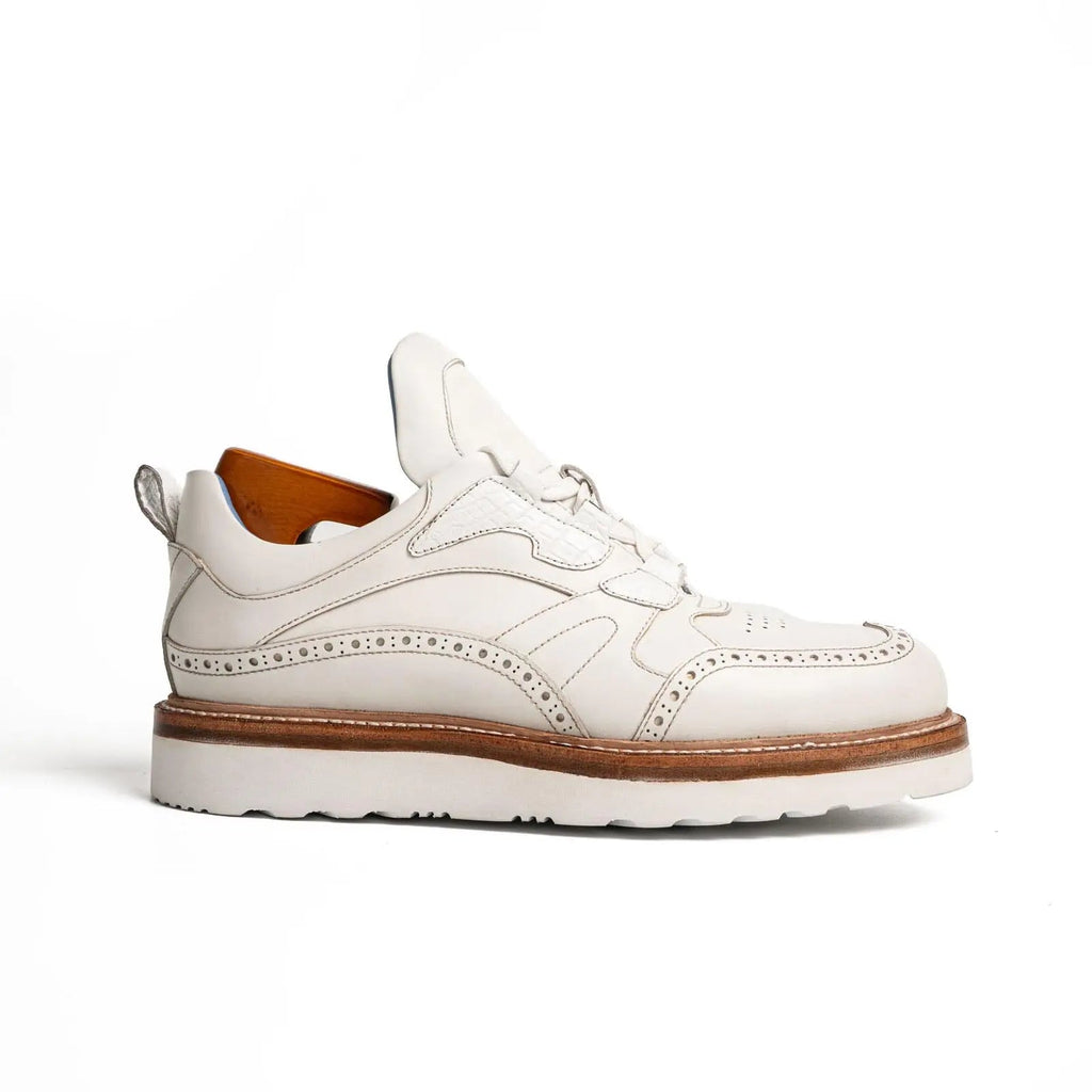 White Textured Brogue Sneaker with Rounded Toe