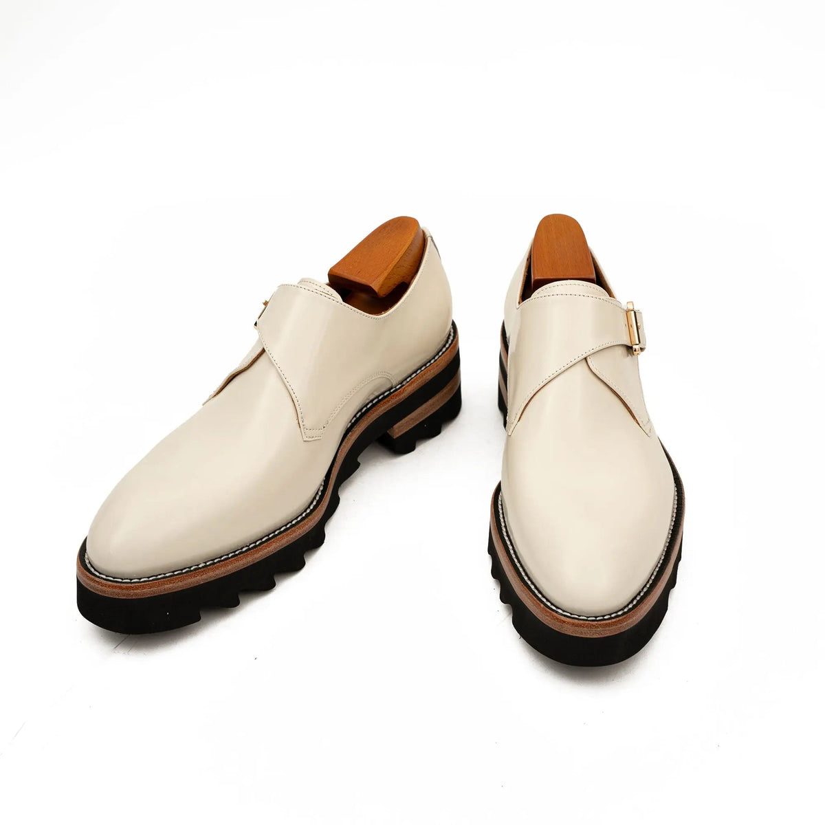 White Leather Monk Strap Shoes with Chunky Soles DIVINCH