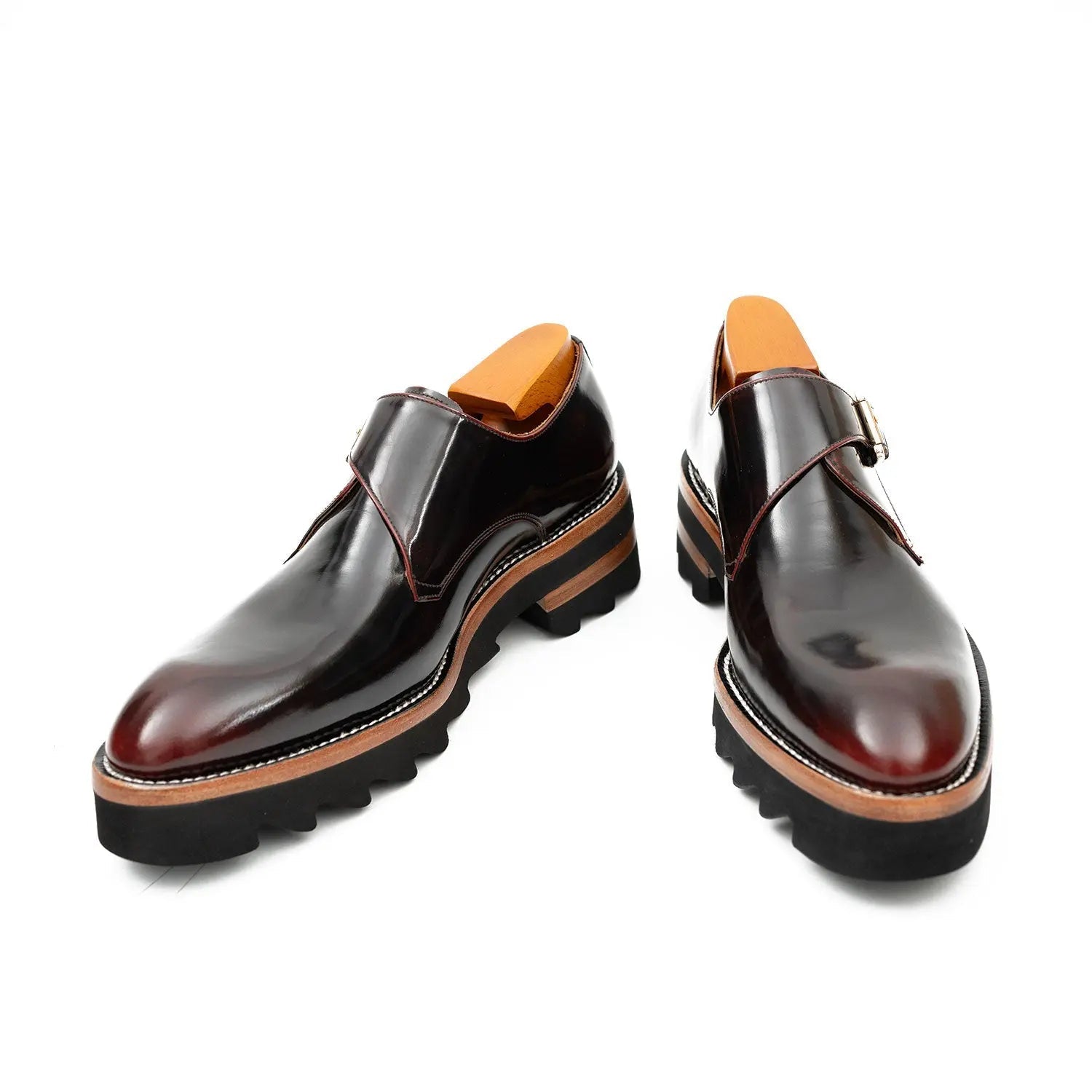 Wine Red Leather Monk Strap Shoes with Chunky Soles DIVINCH